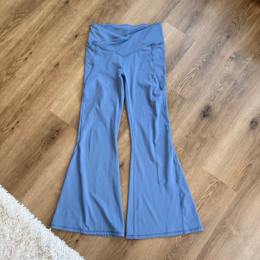 Fabletics PureLuxe Crossover High Waisted Flare Leg Yoga Pants Blue Medium